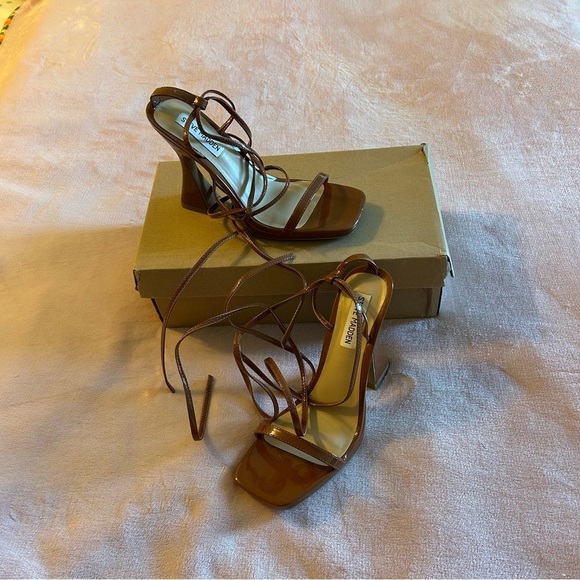 Steve Madden Shoes - Steve Madden Lafayette Cognac lace up squared strappy heeled sandals size 8